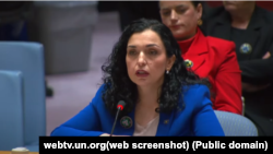 Kosovar President Vjosa Osmani speaks at a UN Security Council meeting in New York on April 22. 