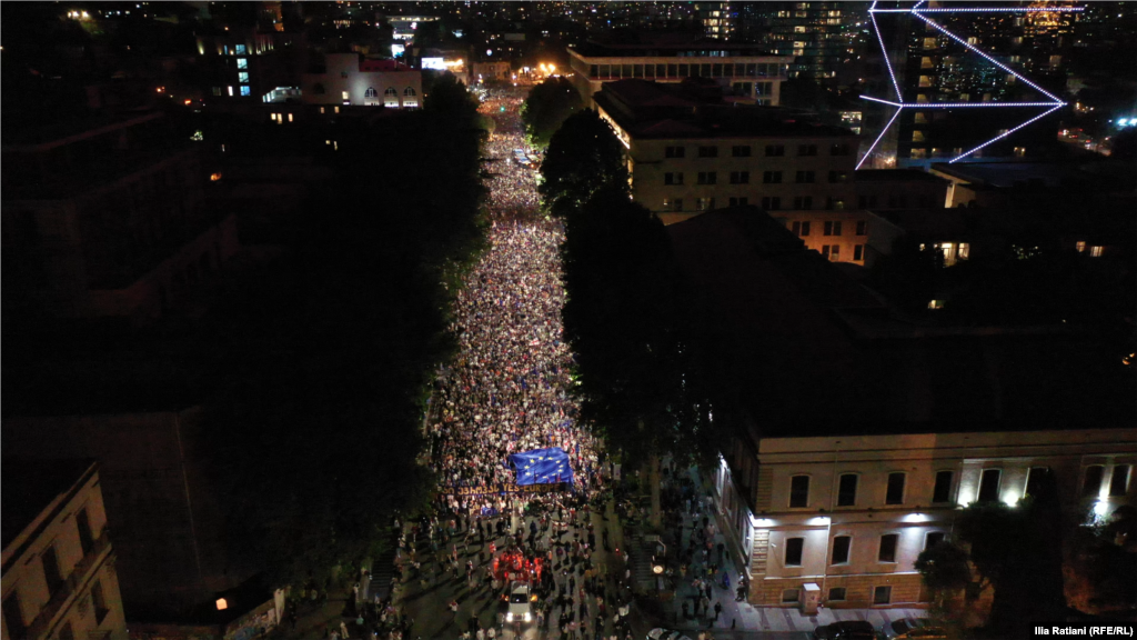 A video grab shows tens of thousands of Georgians who rallied late into the night of April 28–29, demanding that the government withdraw the controversial "foreign agents" bill.
