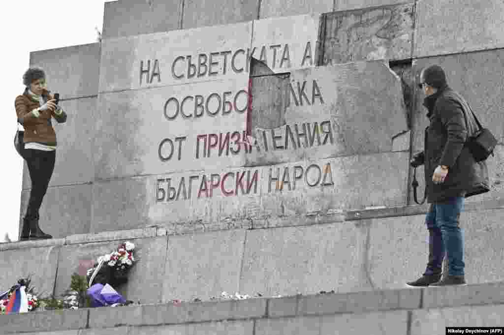This damage to the base of the Monument to the Soviet Army in Sofia was photographed on February 23. The destruction shattered some plates of an inscription that reads: "To the Soviet Army liberators -- from the grateful people of Bulgaria." It's the latest damage to Sofia’s most controversial memorial.