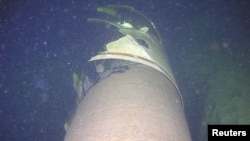 The damaged Balticconnector gas pipeline that connects Finland and Estonia is pictured in this undated handout picture in the Baltic Sea.