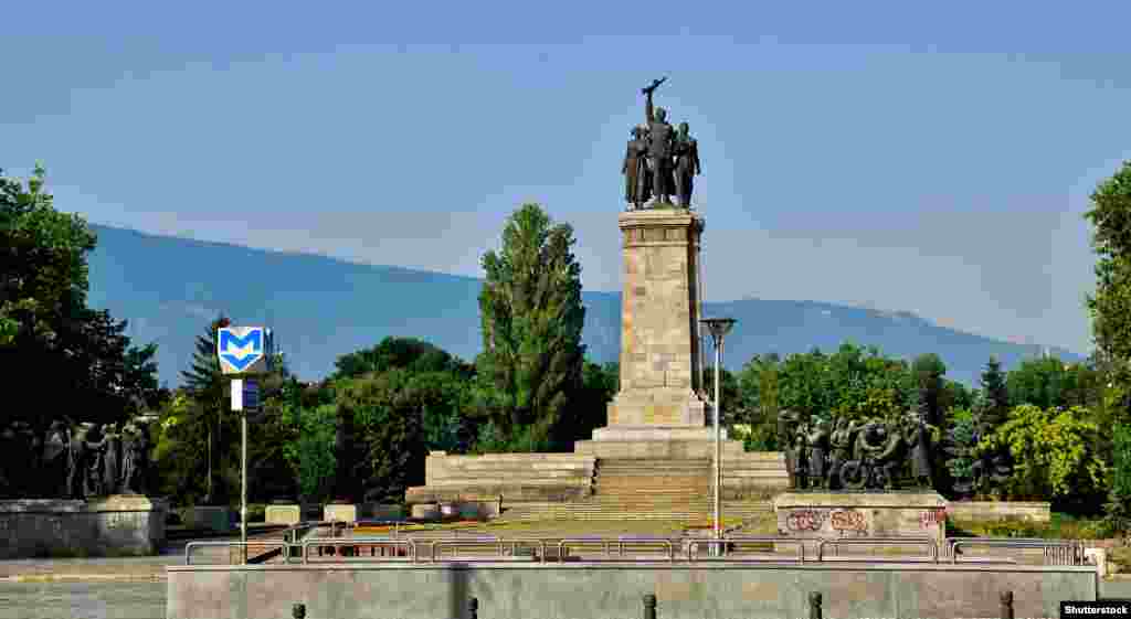 The Sofia memorial in 2011. The centerpiece of the Monument to the Soviet Army is a 37-meter-high pedestal depicting a Soviet soldier flanked by Bulgarian civilians. Several other military-themed compositions are dotted around the park-sized memorial grounds. The site has long been a rallying point for far-left activists and, in recent years, the memorial has also become a target for anti-Kremlin activism.