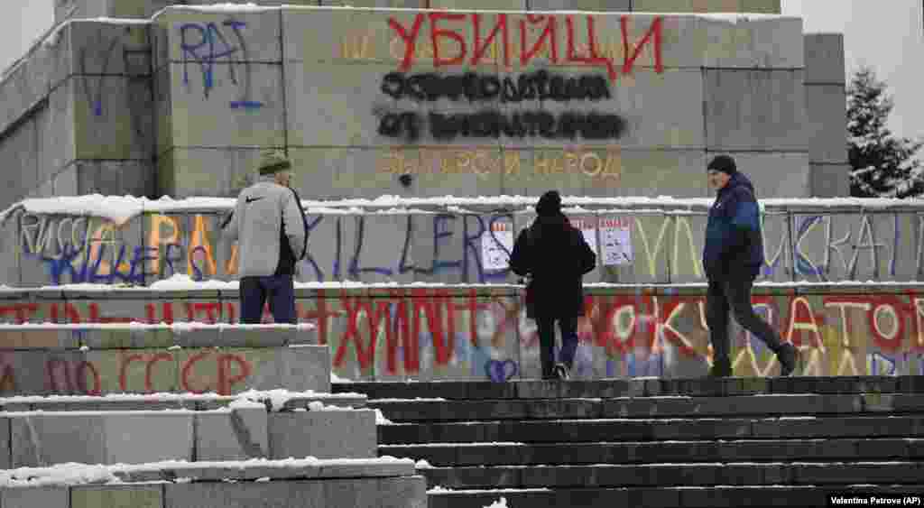 Graffiti, including the word “killers” in English and Bulgarian, covers the monument on February 28, 2022. Debate over whether to demolish the monument has raged for years.