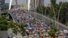 Romanian teachers march in Bucharest on June 9.