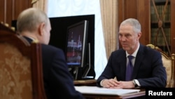 Volodymyr Saldo, Moscow-installed acting leader of the Russian-controlled parts of Ukraine's Kherson region, attends a meeting with Russian President Vladimir Putin at the Kremlin in Moscow, Russia April 6, 2023.
