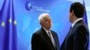 European Union foreign policy chief Josep Borrell (left) speaks with Kosovar Prime Minister Albin Kurti prior to talks in Brussels on June 26.