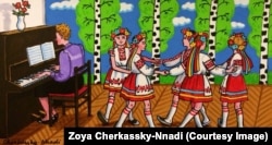 This 2015 painting Roundelay shows schoolgirls in traditional dress dancing in front of a wall decoration of birch trees.