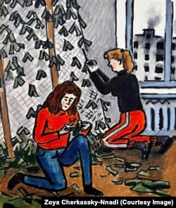 A 2022 painting of young Ukrainian women busy weaving camouflage netting needed for the war effort.