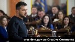 Ukrainian President Volodymyr Zelenskiy delivers a speech at the session of Ukraine's Supreme Court in Kyiv on December 15.