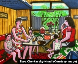 A 2015 painting titled To The South, showing women with their children heading toward Ukraine’s Black Sea coast on a sleeper train.