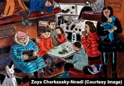 A 2022 painting of a railway compartment crammed with Ukrainian civilians fleeing the war.