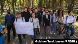 More than 100 demonstrators gathered in Bishkek on October 14 to protest in support of independent media.