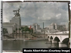 The stainless steel Soviet Worker And Kolkhoz Woman statue looms above the Seine in Paris. The monument was the showpiece of the U.S.S.R.'s pavilion during the World's Fair in Paris in 1937.