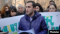 Armenia - Young activists demonstrate against the construction of shops in a public park in Yerevan, 21Feb2012.