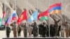 TAJIKISTAN - National flags of Tajikistan, Russia, Kyrgyzstan, Kazakhstan, Belarus and Armenia (L-R) are flown during a CSTO military exercise held near the Afghan border, October 18, 2021: