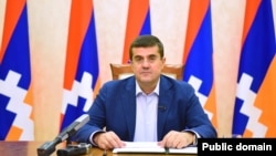 Nagorno-Karabakh - Arayik Harutiunian , the Karabakh president, delivers a video address.