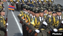 Armenia - Military academy cadets march during a parade in Yerevan.