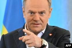 Polish Prime Minister Donald Tusk during a visit to Warsaw by Ukrainian President Volodymyr Zelenskyy in January. Tusk accused Russia of planning acts of "air terror" against airlines worldwide and staging sabotage and diversion on Polish soil and beyond.