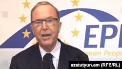 Armenia - A screenshot of European People's Party President Wilfried Martens's video address to a congress of the ruling Republican Party of Armenia held on March 10, 2012.