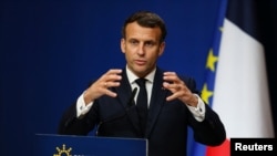 PORTUGAL -- French President Emmanuel Macron attends a press conference at the end of an Informal Meeting of EU Heads of State and Government held in Porto, May 8, 2021. 