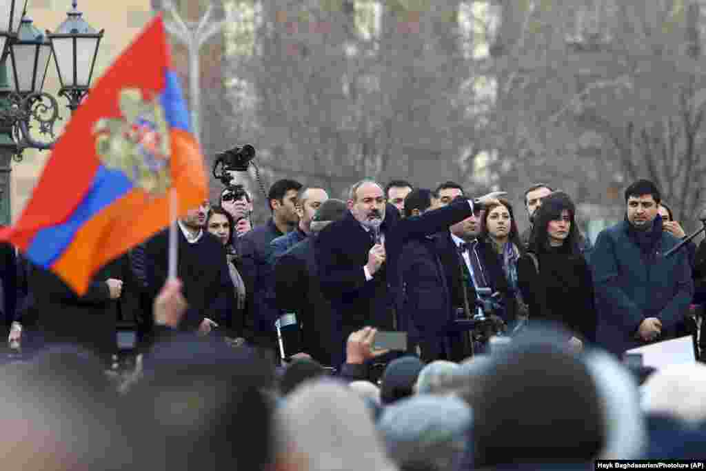 Pashinian addresses supporters during the gathering on Republic Square. 