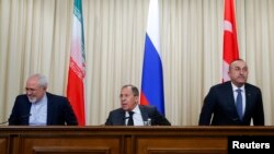 Ռուսաստանի, Թուրքիայի և Իրանի արտգործնախարարներ Սերգեյ Լավրով, Մևլութ Չավուշօղլու և Ջավադ Զարիֆ, Մոսկվա, 20-դեկտեմբերի 