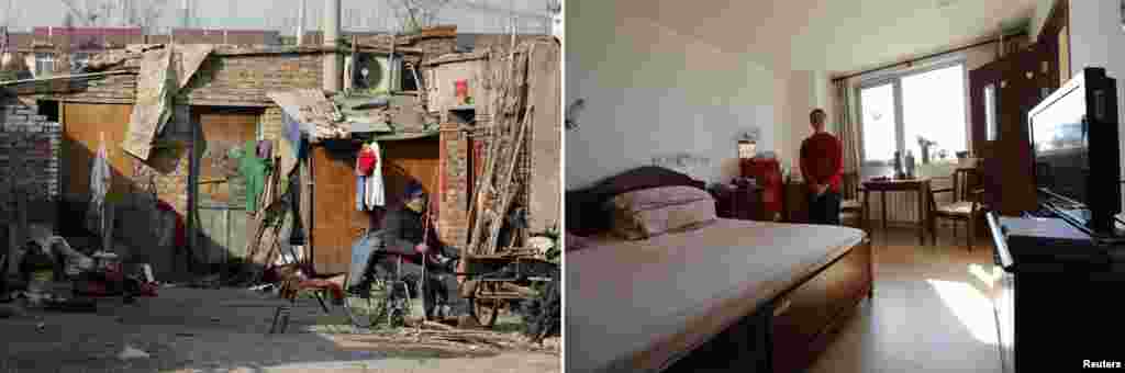 Слева: пожилой мужчина в инвалидной коляске рядом со своим домом в Пекине. Справа: пациент одного из учреждений социального обеспечения, которое предлагает дорогостоящие медицинские услуги.