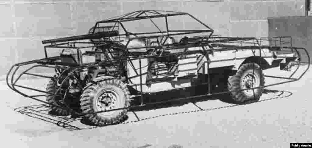 ...and turned jeeps into phony tanks. This photo shows a dummy tank’s metal cage before it was fitted with wooden panels to complete the disguise.