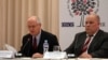 Шефот на Набљудувачката мисија на ОБСЕ/ОДИХР Герт Аренс и Претставникот на Конгресот на локални и регионални власти на Советот на Европа Јуриј Ламберг на прес-конференција во Скопје.