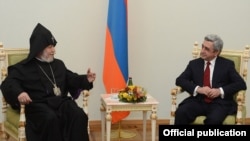 Armenia - Catholicos Garegin II (L) meets President Serzh Sarkisian to congratulate him on winning a second term, Yerevan, 19Feb2013.