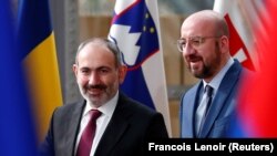 BELGIUM -- Armenian Prime Minister Nikol Pashinian is welcomed by EU Council President Charles Michel in Brussels, March 9, 2020