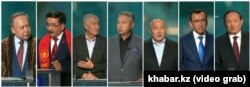 Теледебатка катышкандар (солдон онго): Садыбек Тугел, Жамбыл Ахметбеков, Амиржан Косанов, Азат Перуашев, Амангелди Таспихов, Маулен Ашимбаев жана Али Бектаев.