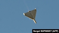 An Iranian-made drone approaches for an attack in Kyiv in October.