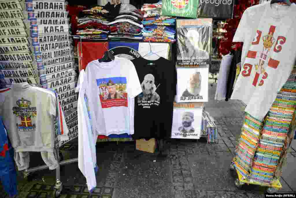 More Putin T-shirts, but not in good company. One T-shirt to Putin's right features "Dr. Dabic," the pseudonym under which 1990s Bosnian Serb leader Radovan Karadzic evaded justice for nearly 13 years before his arrest in 2008.