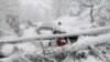 Vehicles stuck under fallen trees are seen on a snowy road, in Murree, Pakistan, on January 8.
