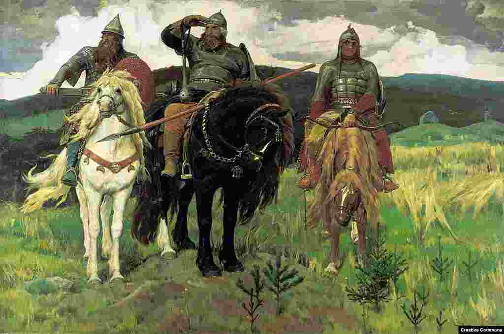 Painter Vasnetsov, whose favorite subjects included Russian mythology, modeled the budyonovka hat on the helmets of the legendary bogatyr. 