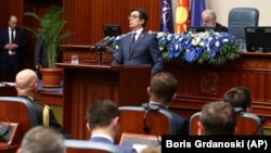 North Macedonian President Stevo Pendarovski talks to lawmakers in Skopje before ratifying the NATO accession agreement on February 11.