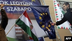 Membri ai partidului parlamentar ungar "Jobbik", incendiind la Budapesta drapelul UE