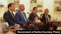 Aleksandra Vulin (right) and Nenad Popovic (2nd left) attend an event in the Russian Cultural Center in Belgrade in June 2021.