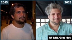 Mark Kekesi at Szeged railway station on August 29, 2015, and in a recent photograph.