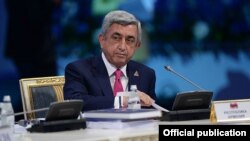 Kazakhstan - Armenian President Serzh Sarkisian addresses the Supreme Eurasian Economic Council's meeting in Astana,29May,2014