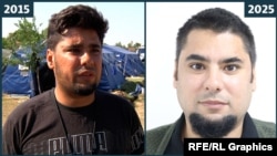 Kemal El Shairy at the Kanjiza refugee center in northern Serbia, August 28, 2015, and in a recent photograph.