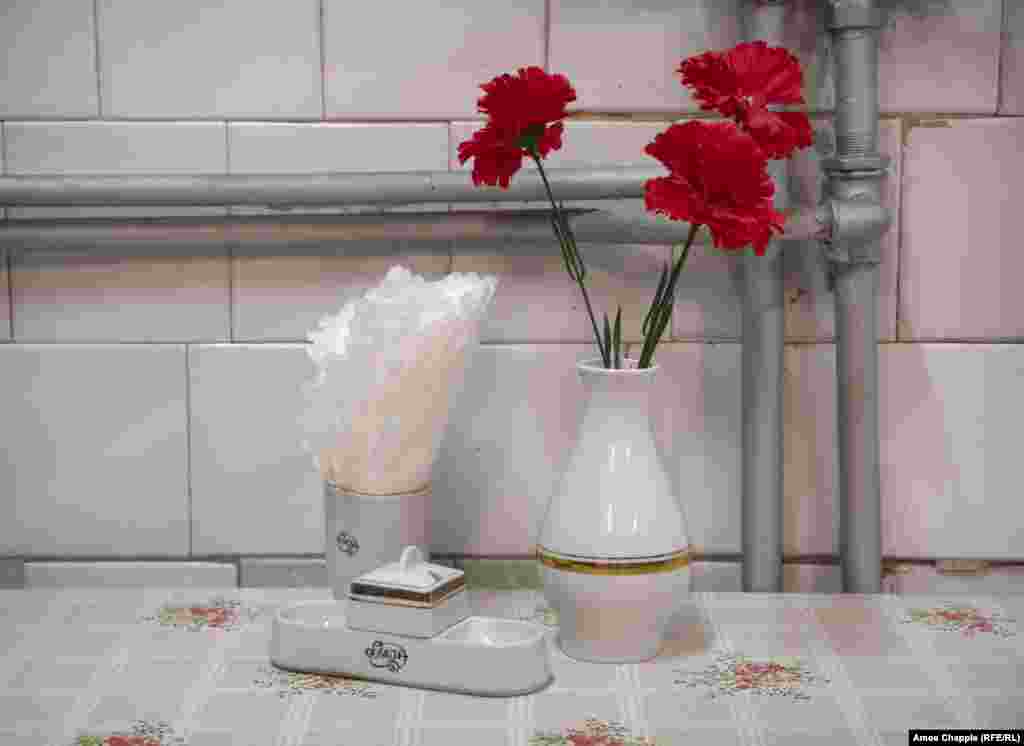 Plastic flowers and some of the original crockery that communist loyalists would have reached for as "World War III" raged overhead.