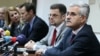 Прес-конференција на вицепремиерот и министер за финансии Зоран Ставрески гувернерот на Народна банка Петар Гошев и шефот на мисијата на ММФ за Македонија Весли Меккргу 