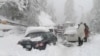 People stand next to cars stuck under fallen trees on a snowy road in Murree, Pakistan. January 8, 2022.