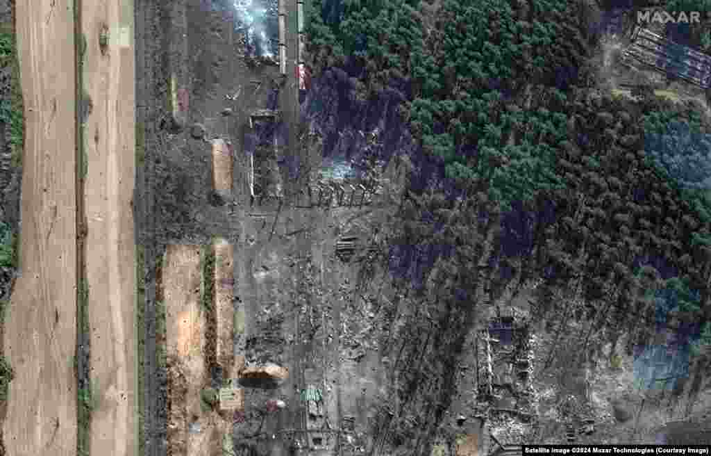 A September 22 photo showing the aftermath of the strike that wiped out the buildings along the railway line at Oktyabrskiy. 