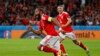 Ashley Williams (Țara Galilor) bucurîndu-se după înscrierea primului gol în meciul cu Belgia dni sferturile de finală de la EURO 2016, stadionul Pierre-Mauroy, Lille, Franța, 1 iulie 2016