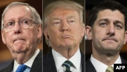 Șeful majorității republicane în Senat, Mitch McConnell, președintele Donald Trump și speakerul Camerei Reprezentanților, Paul Ryan