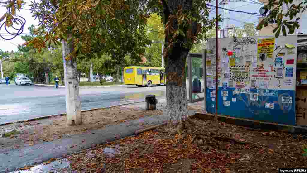 Кінцева зупинка міських автобусів і тролейбусів. Далі, за жовтим автобусом, проходить автодорога Сімферополь – Ялта