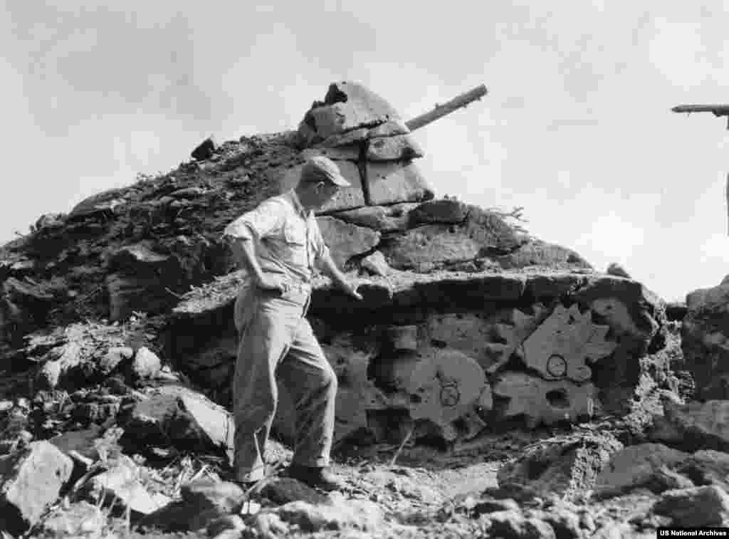 This dummy tank was carved from volcanic stone on the island of Iwo Jima in 1945, as World War II drew to a close.