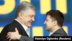 Ukrainian President Petro Poroshenko at a debate with his rival, comedian Volodymyr Zelenskiy, at Olimpiyskiy Stadium in Kyiv on April 19.